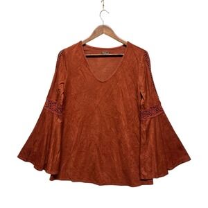 Hannah Boho Tunic Top Sz S Long Bell Sleeves Brown Suede Peasant‎ Shirt Hippie
